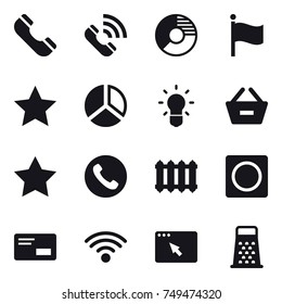 16 vector icon set : phone, call, circle diagram, flag, star, diagram, bulb, remove from basket, radiator, ring button