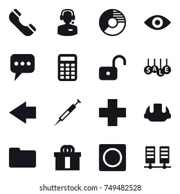 16 vector icon set : phone, call center, circle diagram, eye, message, calculator, unlock, sale, left arrow, building helmet, ring button