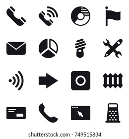 16 vector icon set : phone, call, circle diagram, flag, mail, diagram, bulb, pencil wrench, wireless, right arrow, ring button, radiator