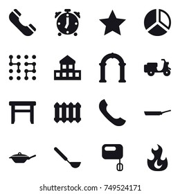 16 vector icon set : phone, alarm clock, star, diagram, chip, cottage, arch, stool, radiator, pan, ladle