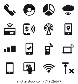 16 vector icon set : phone, circle diagram, diagram, cloud wireless, tap to pay, phone pay, antenna, mobile checking
