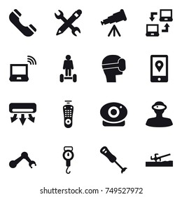 16 vector icon set : phone, pencil wrench, telescope, notebook connect, notebook wireless, hoverboard, virtual mask, air conditioning, handle scales, soil cutter