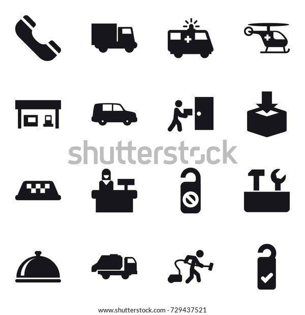 16 vector icon set : phone, truck, gas station,\
taxi, reception, do not distrub, repair tools, trash truck, vacuum\
cleaner, please clean