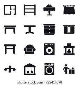 16 vector icon set : plan, restaurant, curtain, table, chest of drawers, wardrobe, stool, armchair, washing machine, fireplace, hard reach place cleaning, utility room, kitchen cleaning