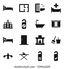 16 vector icon set : plan, hotel, hospital, do not distrub, bath, wardrobe, bed, door, fireplace, bucket and broom, hard reach place cleaning, iron board, please clean