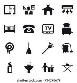 16 vector icon set : plan, architector, bungalow, air conditioning, crib, phone, tv, toaster, broom, rake, vacuum cleaner, toilet cleanser, water tap sink, kitchen cleaning, iron board