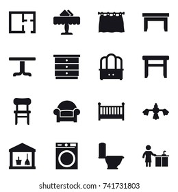 16 vector icon set : plan, restaurant, curtain, table, chest of drawers, dresser, stool, chair, armchair, crib, hard reach place cleaning, utility room, washing machine, toilet, kitchen cleaning