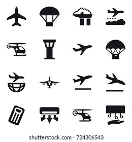 16 vector icon set : plane, parachute, factory filter, weather management, airport tower, departure, arrival, inflatable mattress, air conditioning, hand dryer