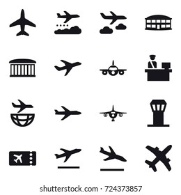 16 vector icon set : plane, weather management, journey, airport building, airport tower, ticket, departure, arrival