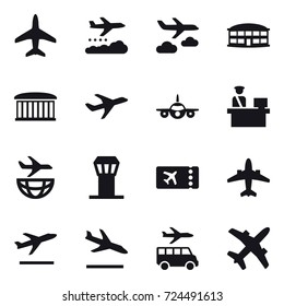 16 vector icon set : plane, weather management, journey, airport building, airport tower, ticket, airplane, departure, arrival, transfer
