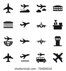 16 vector icon set : plane, weather management, journey, airport building, airport tower, airplane, departure, transfer