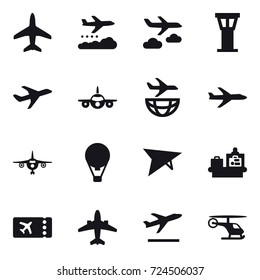 16 vector icon set : plane, weather management, journey, airport tower, air ballon, deltaplane, baggage checking, ticket, airplane, departure
