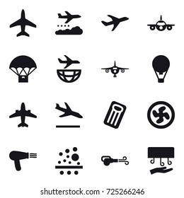 16 vector icon set : plane, weather management, air ballon, airplane, arrival, inflatable mattress, cooler fan, hair dryer, blower, hand dryer