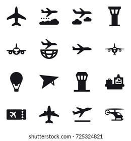 16 vector icon set : plane, weather management, journey, airport tower, air ballon, deltaplane, baggage checking, ticket, airplane, departure