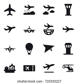 16 vector icon set : plane, weather management, journey, airport tower, air ballon, deltaplane, baggage checking, ticket, departure