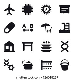 16 vector icon set : plane, chip, sun power, atm receipt, lounger, pool, home, stool, plate washing, steam pan, watering, bucket