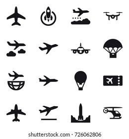 16 vector icon set : plane, rocket, weather management, drone, journey, air ballon, ticket, airplane, departure