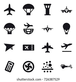 16 vector icon set : plane, parachute, airport tower, air ballon, deltaplane, ticket, airplane, departure, inflatable mattress, cooler fan, blower