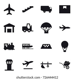 16 vector icon set : plane, stairs, train, taxi, air ballon, airport tower, departure, plow, wheelbarrow