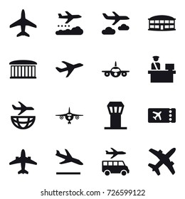16 vector icon set : plane, weather management, journey, airport building, airport tower, ticket, airplane, arrival, transfer