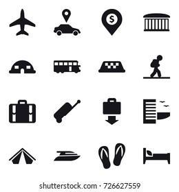 16 vector icon set : plane, car pointer, dollar pin, airport building, dome house, bus, taxi, tourist, suitcase, baggage get, hotel, tent, yacht, flip-flops, bed