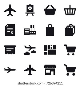 16 vector icon set : plane, presentation, basket, account balance, store, shopping bag, atm receipt, journey, airplane, shop, cart