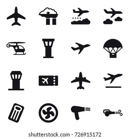 16 vector icon set : plane, factory filter, weather management, journey, airport tower, ticket, airplane, departure, inflatable mattress, cooler fan, hair dryer, blower