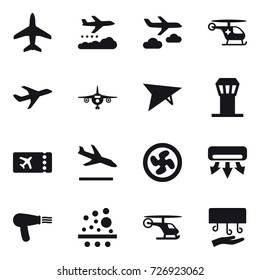 16 vector icon set : plane, weather management, journey, deltaplane, airport tower, ticket, arrival, cooler fan, air conditioning, hair dryer, hand dryer