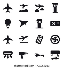 16 vector icon set : plane, weather management, journey, airport tower, air ballon, deltaplane, ticket, airplane, departure, inflatable mattress, cooler fan, air conditioning, hair dryer, blower