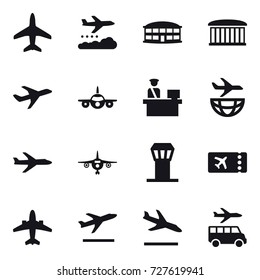 16 vector icon set : plane, weather management, airport building, airport tower, ticket, airplane, departure, arrival, transfer