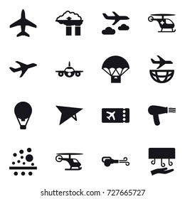 16 vector icon set : plane, factory filter, journey, air ballon, deltaplane, ticket, hair dryer, blower, hand dryer