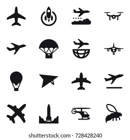 16 vector icon set : plane, rocket, weather management, drone, air ballon, deltaplane, airplane, departure, wasp