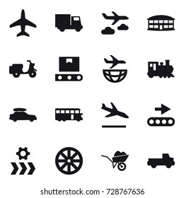 16 vector icon set : plane, truck, journey, airport building, train, car baggage, bus, arrival, wheel, wheelbarrow, pickup