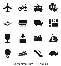 16 vector icon set : plane, bike, train, sail boat, air ballon, motorcycle, escalator, trash truck