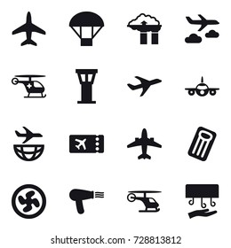 16 vector icon set : plane, parachute, factory filter, journey, airport tower, ticket, airplane, inflatable mattress, cooler fan, hair dryer, hand dryer