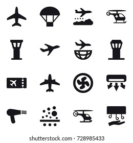 16 vector icon set : plane, parachute, weather management, airport tower, ticket, airplane, cooler fan, air conditioning, hair dryer, hand dryer