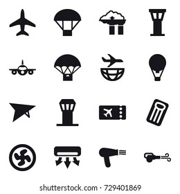16 vector icon set : plane, parachute, factory filter, airport tower, air ballon, deltaplane, ticket, inflatable mattress, cooler fan, air conditioning, hair dryer, blower