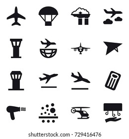16 vector icon set : plane, parachute, factory filter, journey, airport tower, deltaplane, departure, arrival, inflatable mattress, hair dryer, hand dryer