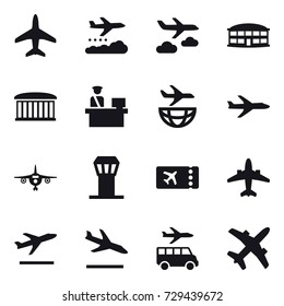 16 vector icon set : plane, weather management, journey, airport building, airport tower, ticket, airplane, departure, arrival, transfer
