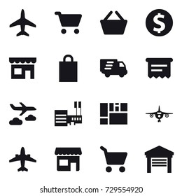 16 vector icon set : plane, cart, basket, dollar coin, shop, shopping bag, delivery, atm receipt, journey, mall, airplane, garage