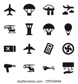 16 vector icon set : plane, parachute, factory filter, journey, airport tower, air ballon, ticket, airplane, inflatable mattress, cooler fan, hair dryer, blower, hand dryer