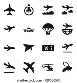 16 vector icon set : plane, rocket, weather management, journey, deltaplane, ticket, departure, arrival, wasp