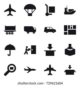 16 vector icon set : plane, parachute, cargo stroller, airplane, package