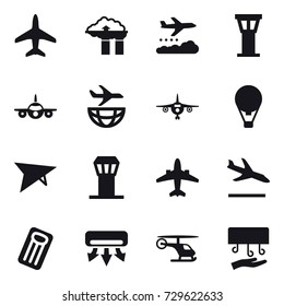 16 vector icon set : plane, factory filter, weather management, airport tower, air ballon, deltaplane, airplane, arrival, inflatable mattress, air conditioning, hand dryer