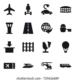 16 vector icon set : plane, hoverboard, electric car, airport building, airport tower, air ballon, ticket, yacht