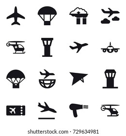 16 vector icon set : plane, parachute, factory filter, journey, airport tower, deltaplane, ticket, arrival, hair dryer