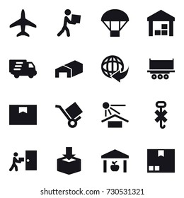 16 vector icon set : plane, courier, parachute, warehouse, delivery, package