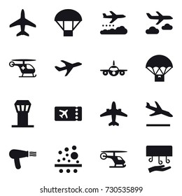 16 vector icon set : plane, parachute, weather management, journey, airport tower, ticket, airplane, arrival, hair dryer, hand dryer