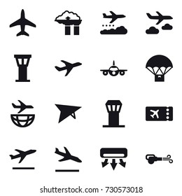 16 vector icon set : plane, factory filter, weather management, journey, airport tower, deltaplane, ticket, departure, arrival, air conditioning, blower