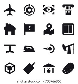 16 vector icon set : plane, around gear, eye identity, column, home, power switch, table, iron, cutting board, warehouse, potato